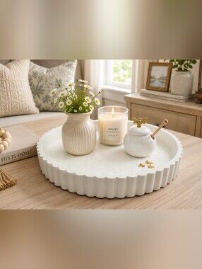 Bee Honeycomb Round Decorative Serving Tray White Scalloped Farmhouse Decor